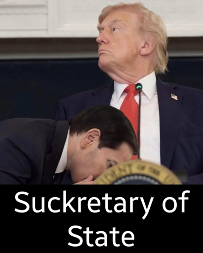 Rubio appearing to fellate Trump behind a podium