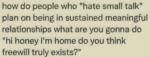 The image is a screenshot of an internet post where it says: `how do people who "hate small talk" plan on being in sustained meaningful relationships what are you gonna do "hi honey I'm home do you think freewill truly exists?"`